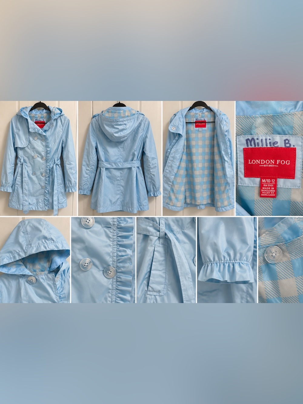 London Fog Girls Light Blue Hooded Trench Raincoat Size 10-12